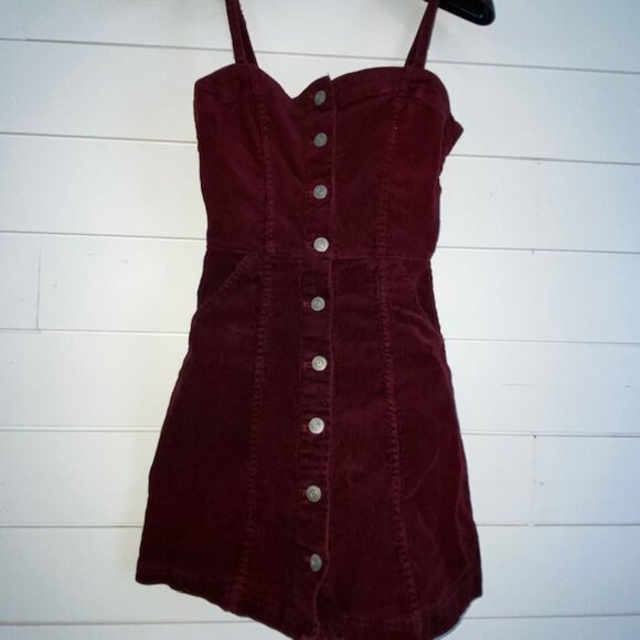 Divided H&M Wine Colored Maroon Jumper Dress Button Down Pockets (XXXS, Fits XS) - Picture 5 of 11